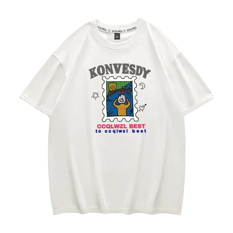 Men's Cartoon Print T-Shirt White Black Loose Summer Wear - Image 12