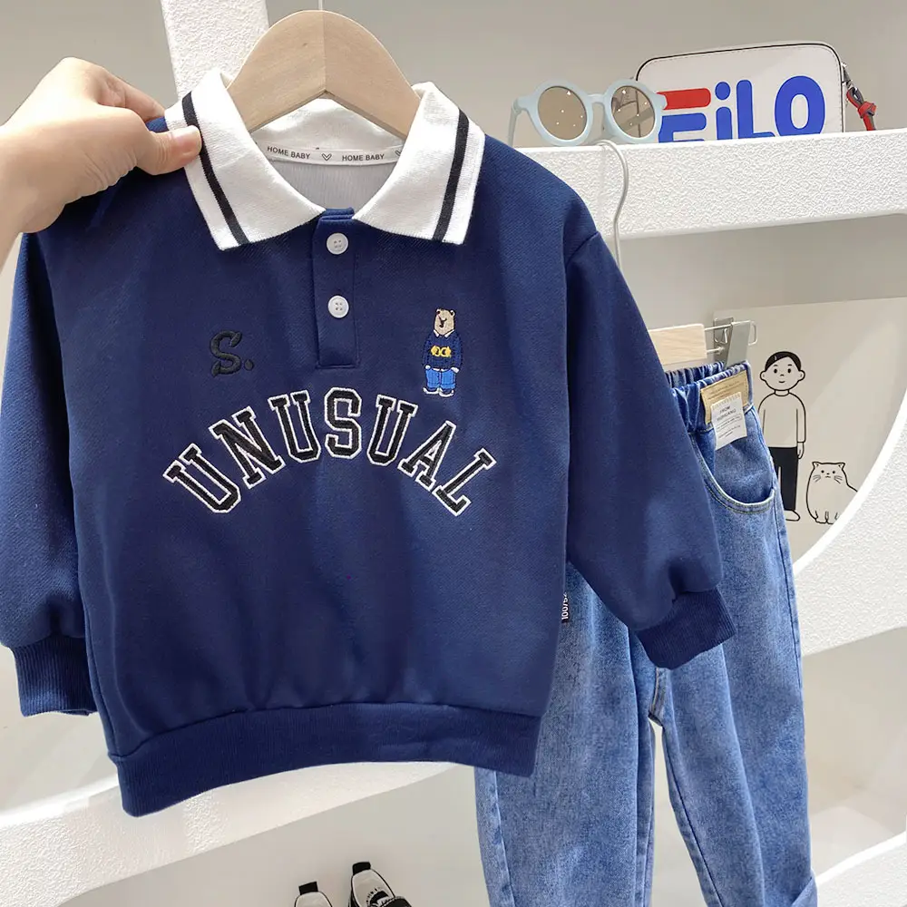 Boys Unusual Polo Shirt Blue Pants Set Autumn Spring - Image 2