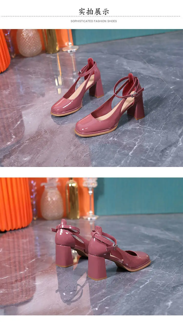 2023 Summer New Sandals Women's Square Head Hollow One-Piece Belt Comfortable Root High Heels Waterproof Platform Patent Leather Thick Heel — feature 10
