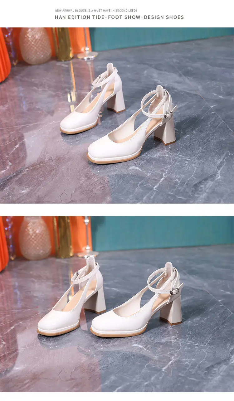 2023 Summer New Sandals Women's Square Head Hollow One-Piece Belt Comfortable Root High Heels Waterproof Platform Patent Leather Thick Heel — feature 11