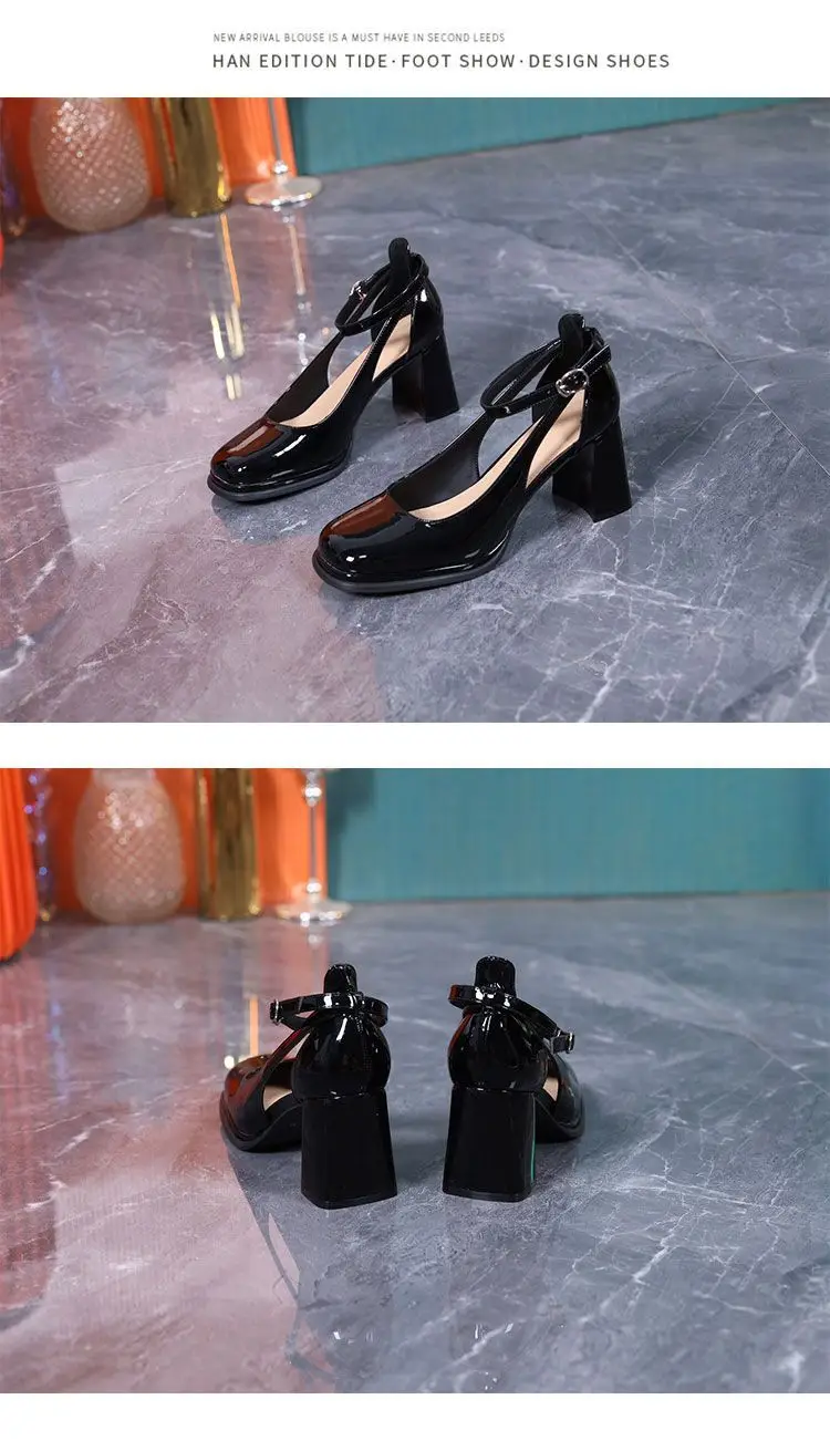2023 Summer New Sandals Women's Square Head Hollow One-Piece Belt Comfortable Root High Heels Waterproof Platform Patent Leather Thick Heel — feature 13