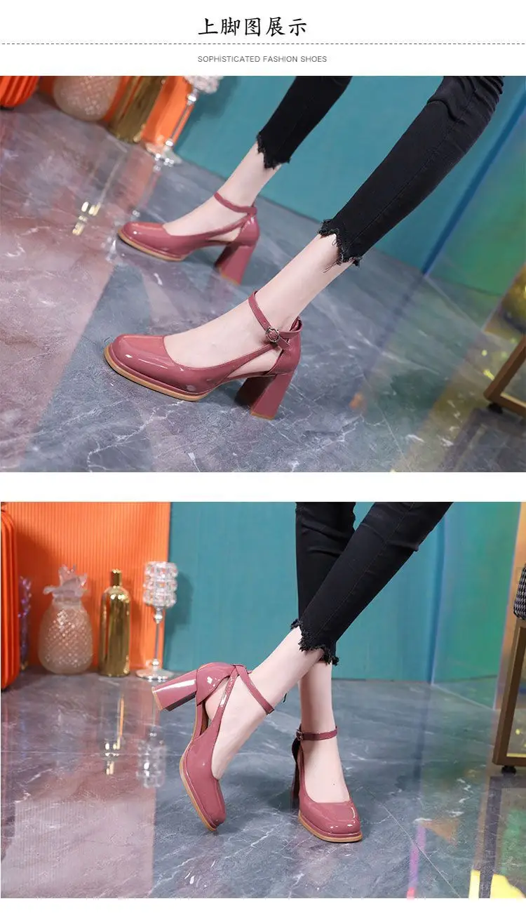 2023 Summer New Sandals Women's Square Head Hollow One-Piece Belt Comfortable Root High Heels Waterproof Platform Patent Leather Thick Heel — feature 4