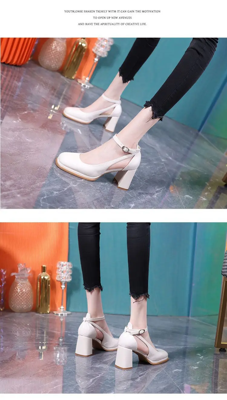 2023 Summer New Sandals Women's Square Head Hollow One-Piece Belt Comfortable Root High Heels Waterproof Platform Patent Leather Thick Heel — feature 6