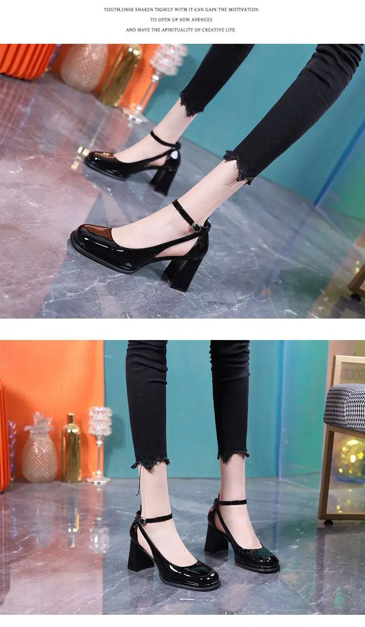 2023 Summer New Sandals Women's Square Head Hollow One-Piece Belt Comfortable Root High Heels Waterproof Platform Patent Leather Thick Heel — feature 8