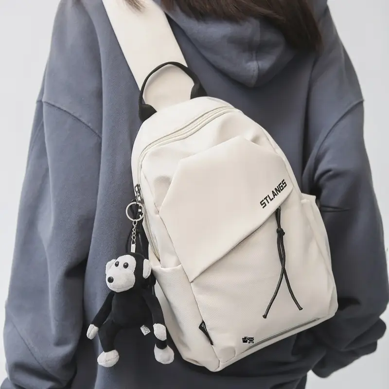 Women's Trendy Canvas Chest Bag with Cute Keychain - Image 11