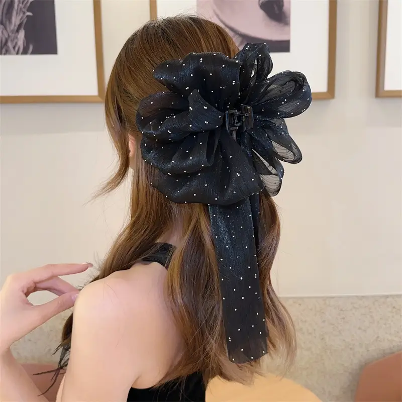White Bubble Ribbon Hairpin with Black Clips - Image 6