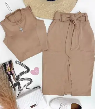 2023 Women's Sleeveless Vest Skirt Set Brown — feature 3