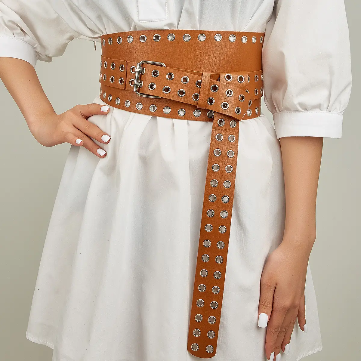 Women's White Studded Wide Waist Belt with Elastic Band - Image 7