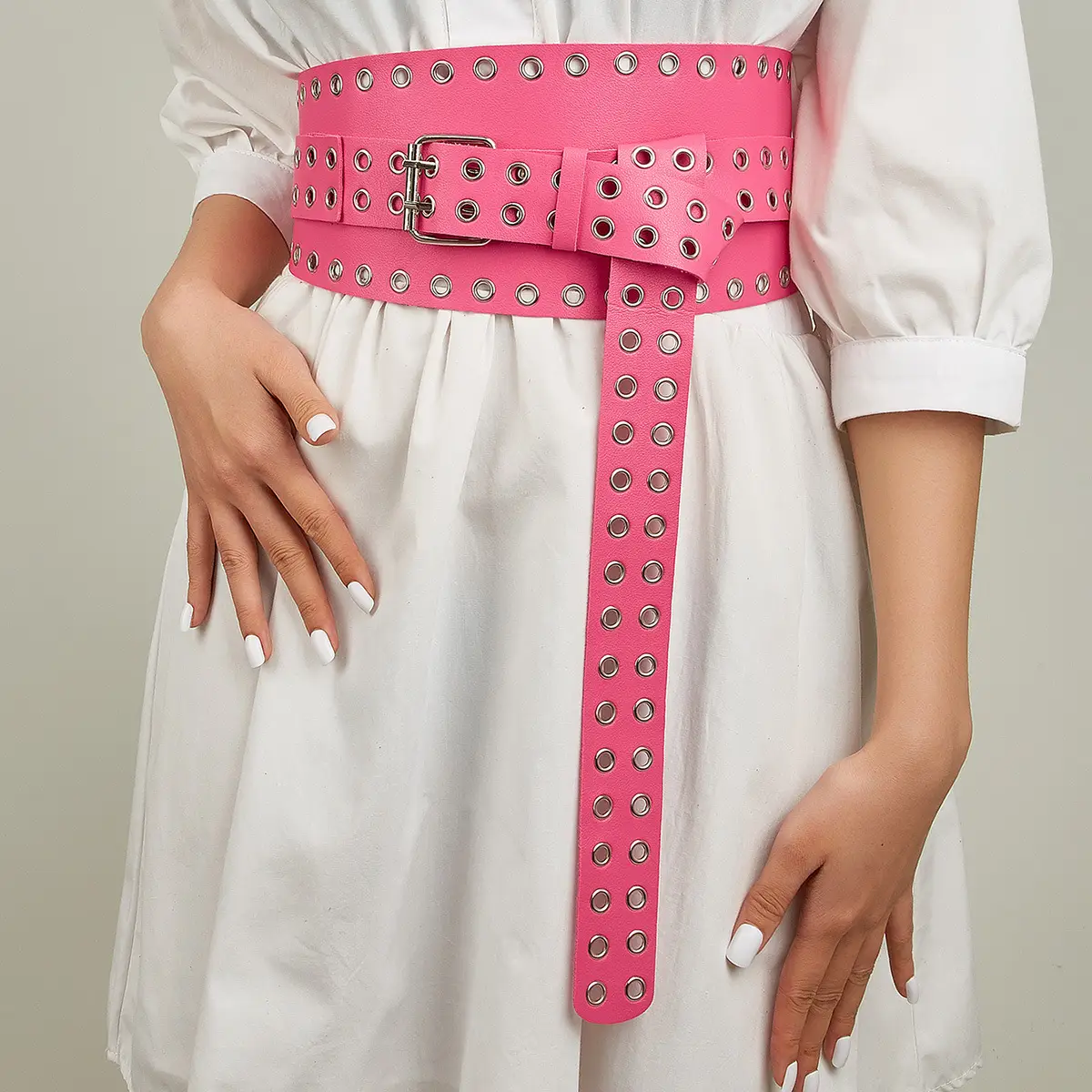 Women's White Studded Wide Waist Belt with Elastic Band - Image 8