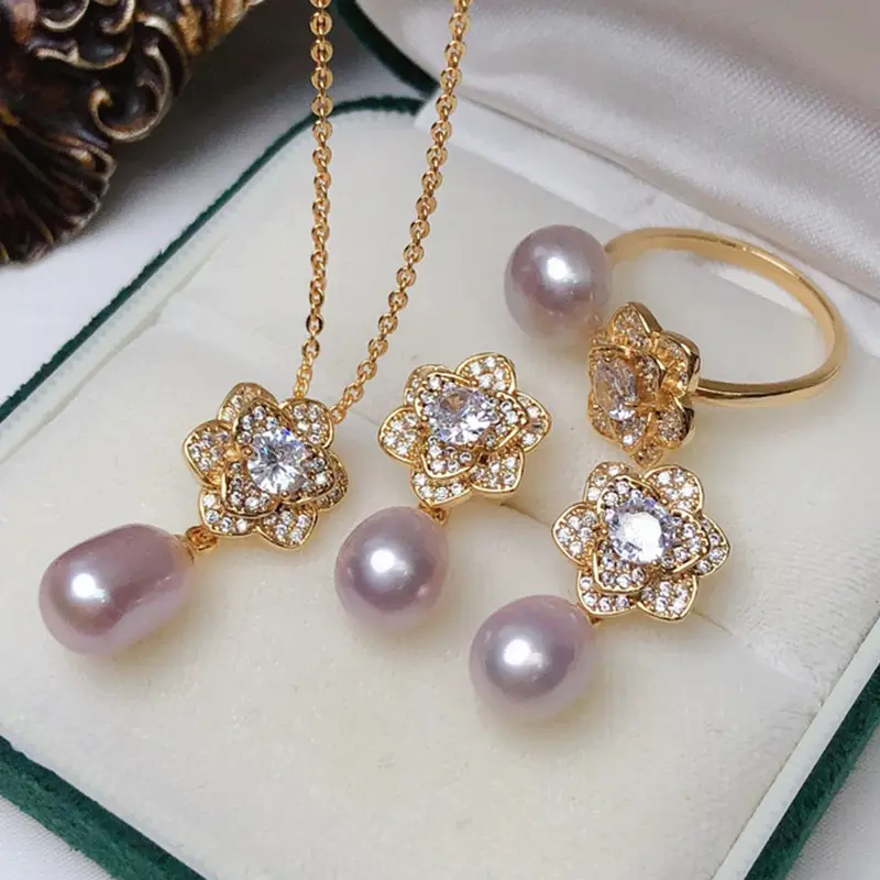 Freshwater Pearl Flower Pendant Set Gold Plated - Image 2