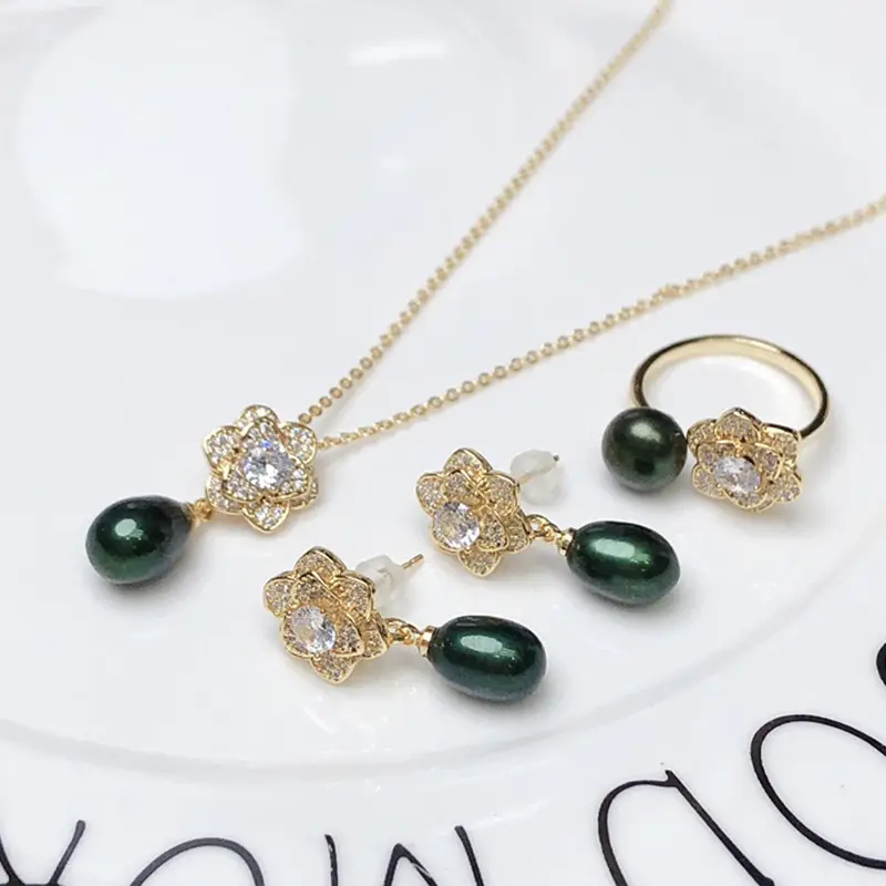 Freshwater Pearl Flower Pendant Set Gold Plated - Image 3