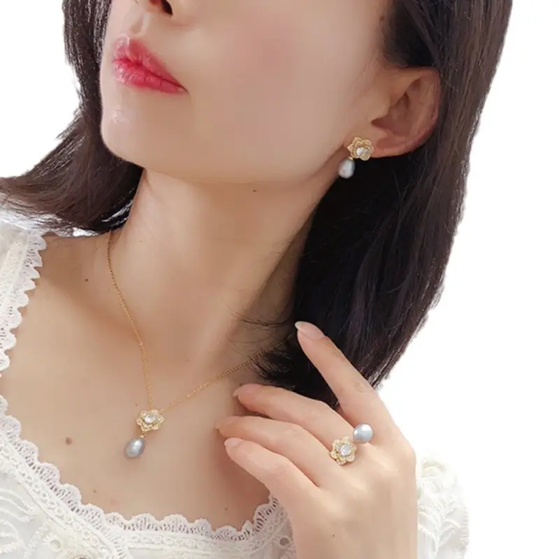 Freshwater Pearl Flower Pendant Set Gold Plated - Image 6