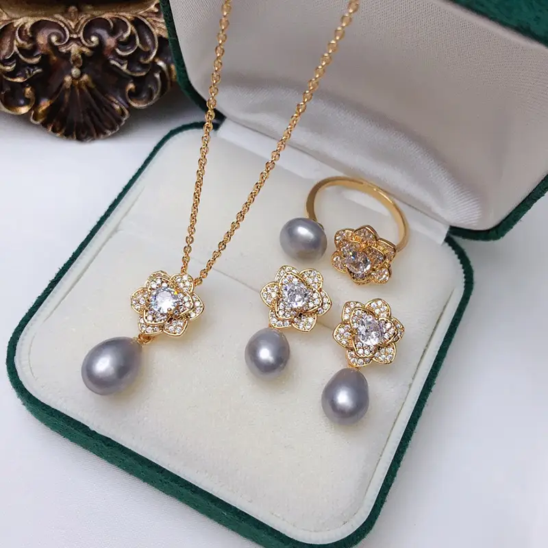 Freshwater Pearl Flower Pendant Set Gold Plated - Image 4