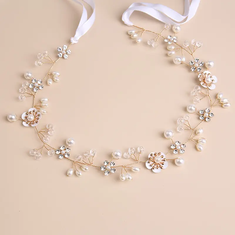 Bridal Flower Tiara with Pearl & Gold Chain - Image 4