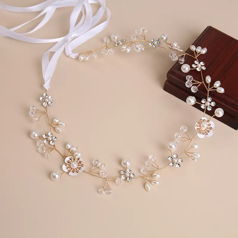 Bridal Flower Tiara with Pearl & Gold Chain - Image 5
