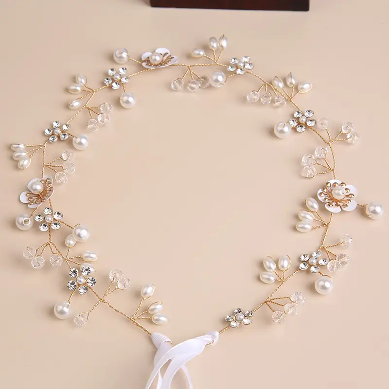 Bridal Flower Tiara with Pearl & Gold Chain - Image 6