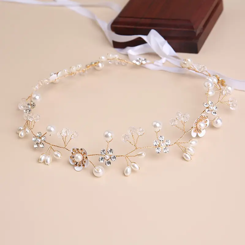 Bridal Flower Tiara with Pearl & Gold Chain - Image 7