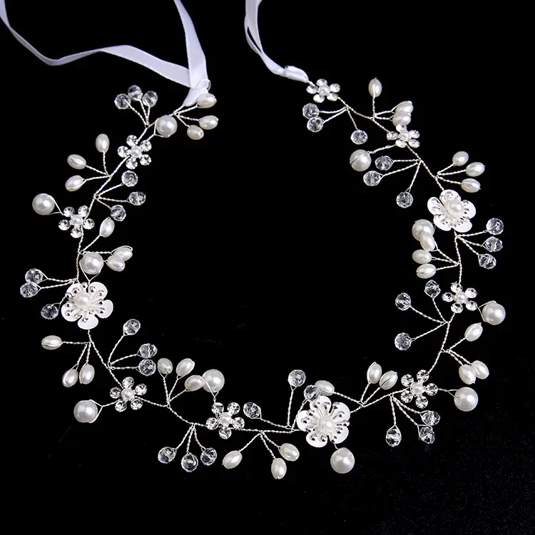 Bridal Flower Tiara with Pearl & Gold Chain - Image 2