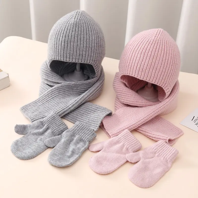 Winter warm set baby hat gloves scarf three-piece set 2023 new baby solid color ear protection knitted hat