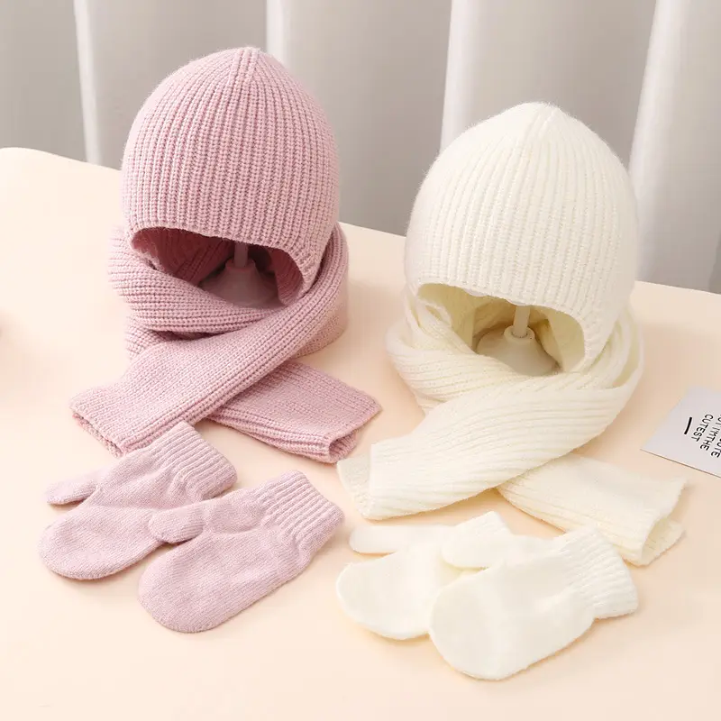 Winter warm set baby hat gloves scarf three-piece set 2023 new baby solid color ear protection knitted hat