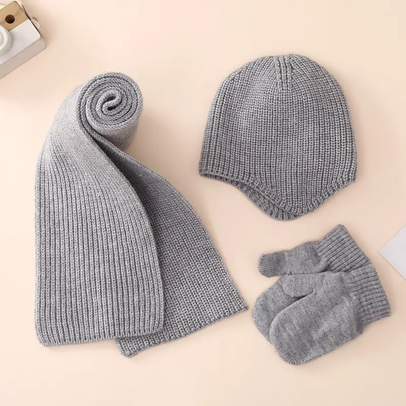 Winter warm set baby hat gloves scarf three-piece set 2023 new baby solid color ear protection knitted hat