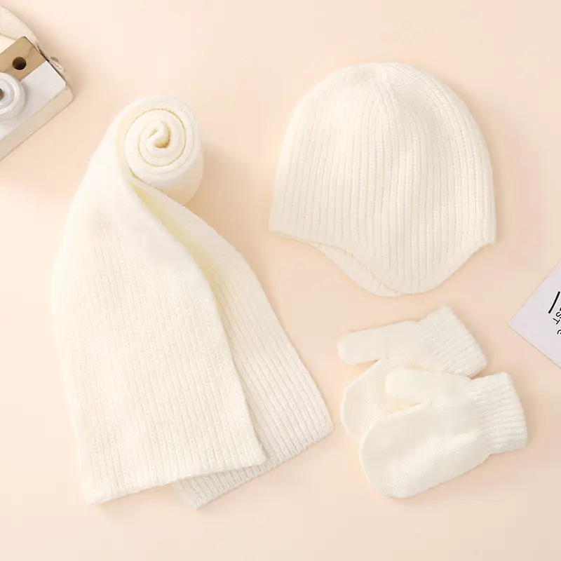 Winter warm set baby hat gloves scarf three-piece set 2023 new baby solid color ear protection knitted hat