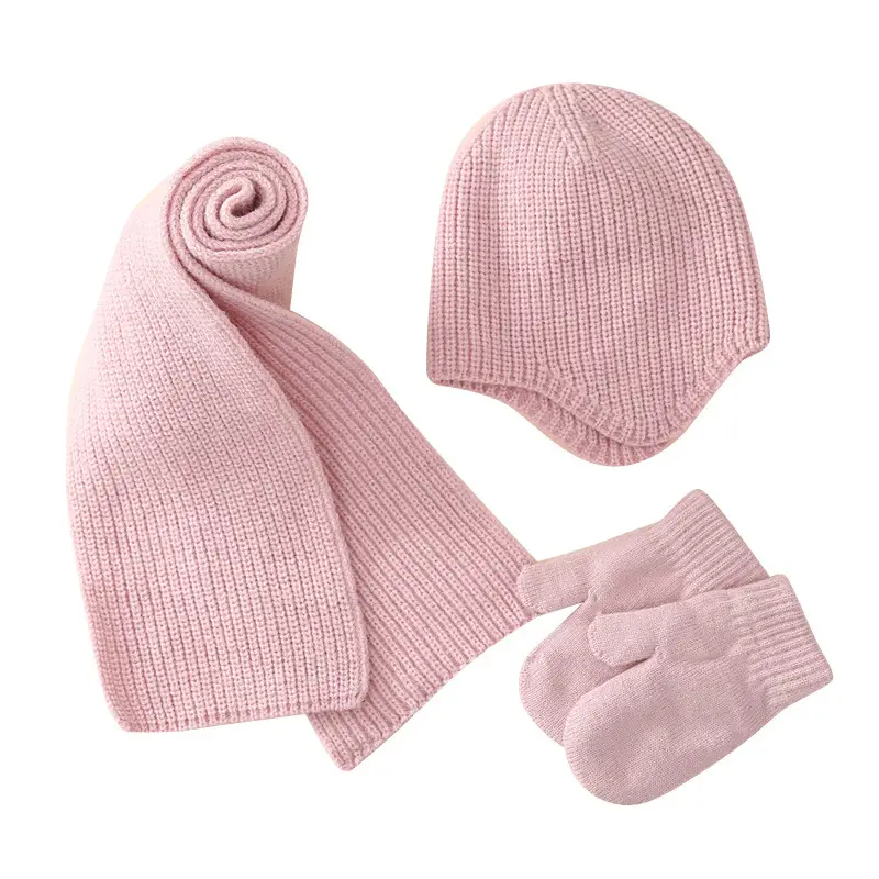 Winter warm set baby hat gloves scarf three-piece set 2023 new baby solid color ear protection knitted hat