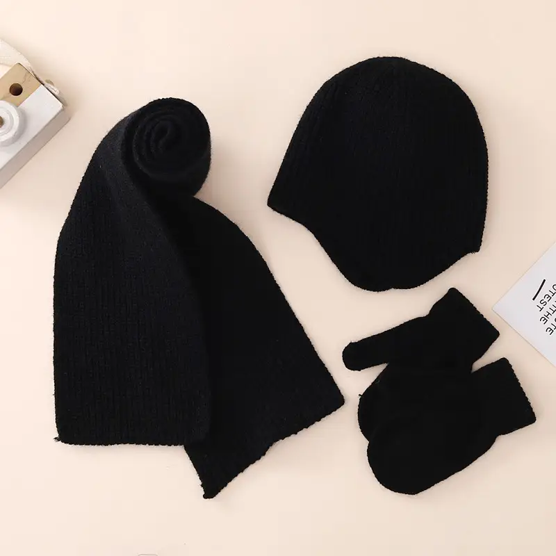Winter warm set baby hat gloves scarf three-piece set 2023 new baby solid color ear protection knitted hat