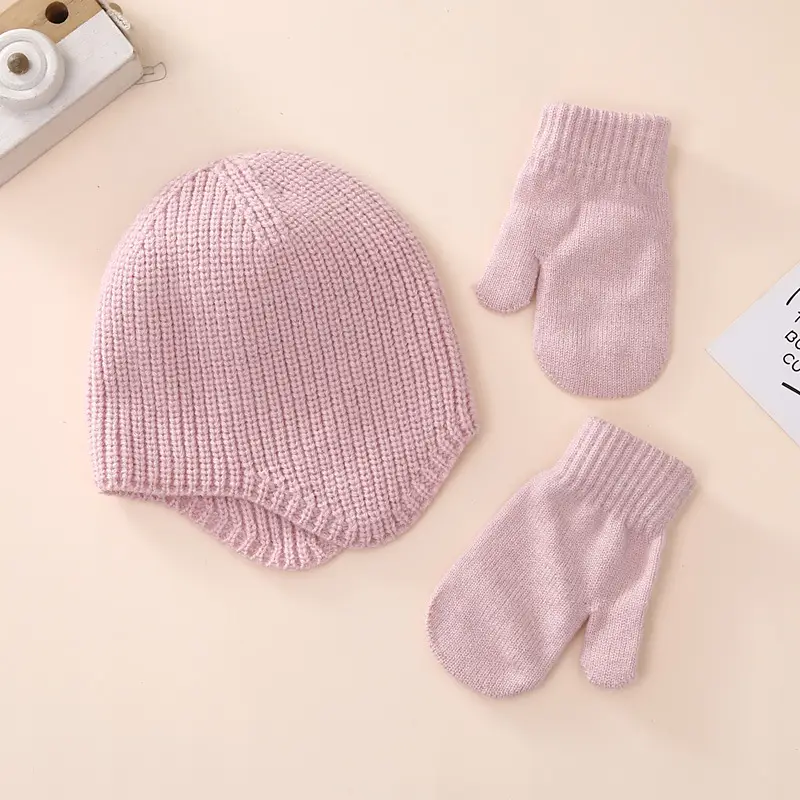 Winter warm set baby hat gloves scarf three-piece set 2023 new baby solid color ear protection knitted hat