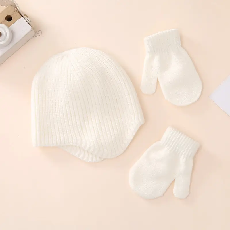Winter warm set baby hat gloves scarf three-piece set 2023 new baby solid color ear protection knitted hat
