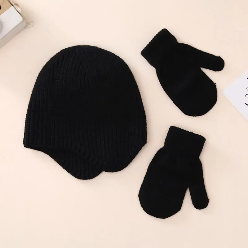 Winter warm set baby hat gloves scarf three-piece set 2023 new baby solid color ear protection knitted hat