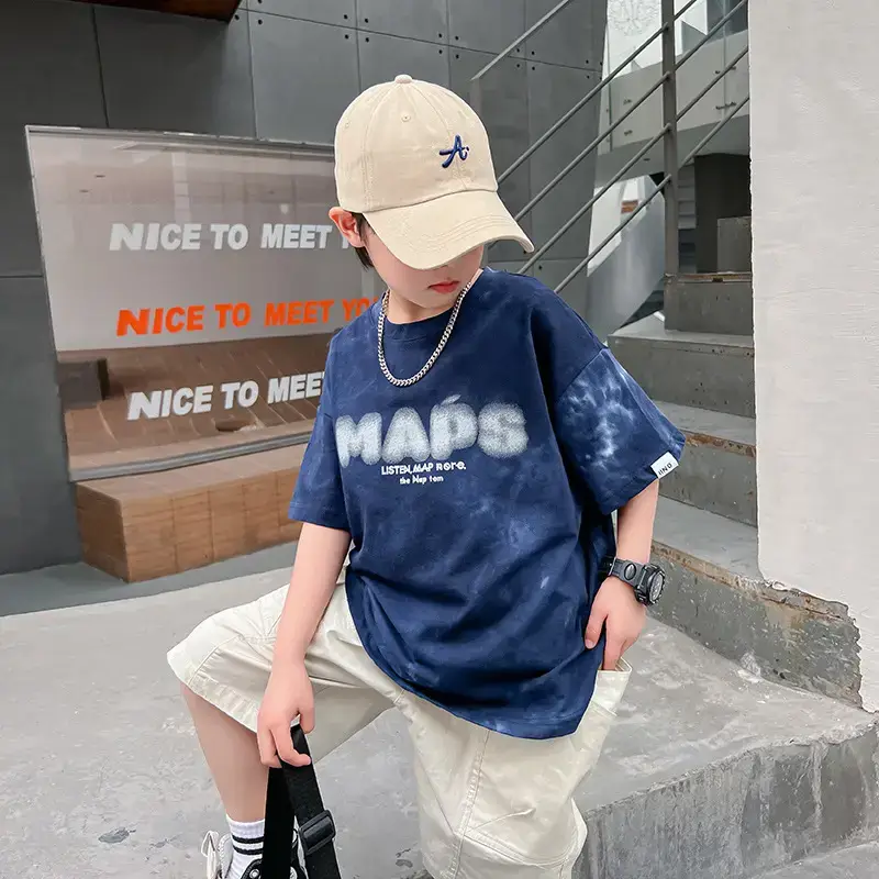 Trendy Boys Cotton T-Shirt Blue Washed Medium Large - Image 3