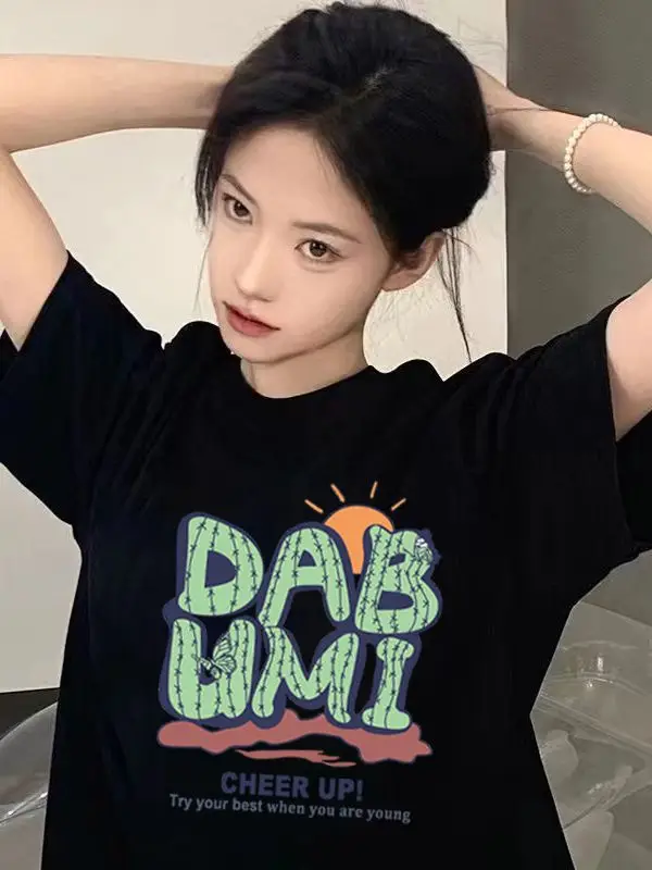 Women 2026 Summer Printed T-Shirt Black Ice Silk - Image 3