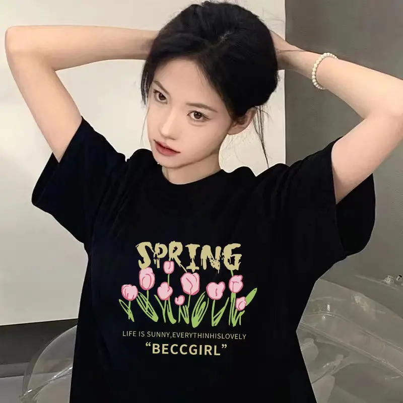 Women 2026 Summer Printed T-Shirt Black Ice Silk - Image 4