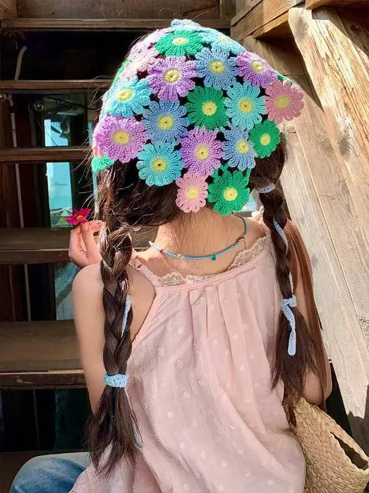Women's Flower Knitted Hair Band Scarf Triangle Girly Style