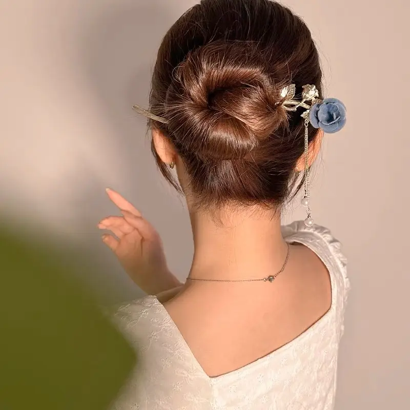 Antique Rose Flower Hairpin with Tassel for Women