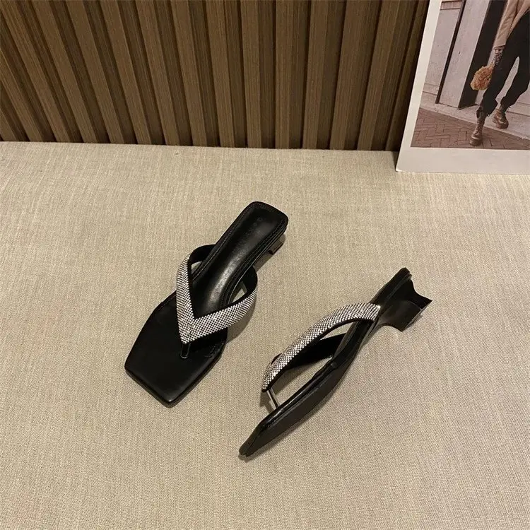 Women's Rhinestone Square Toe Slippers Black