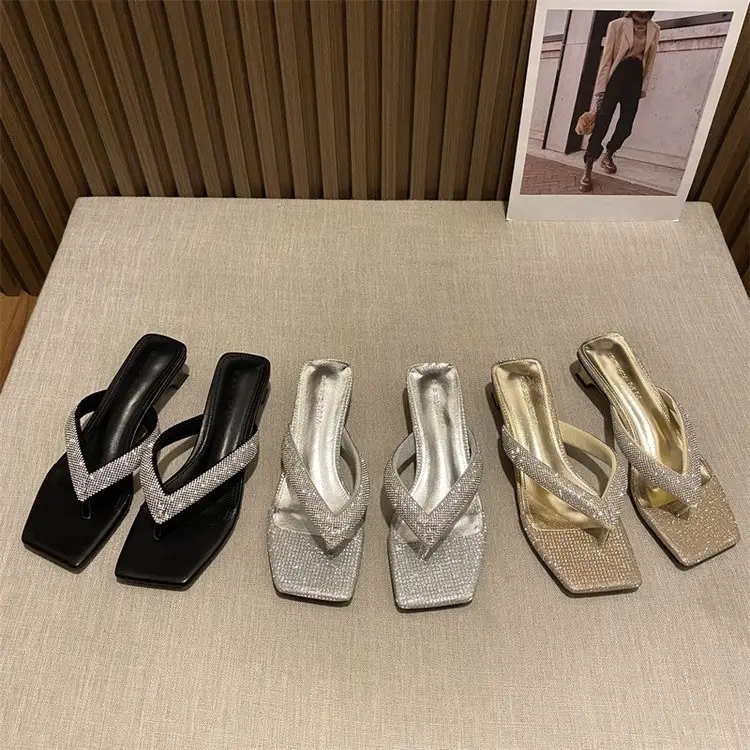 Women's Rhinestone Square Toe Slippers Black