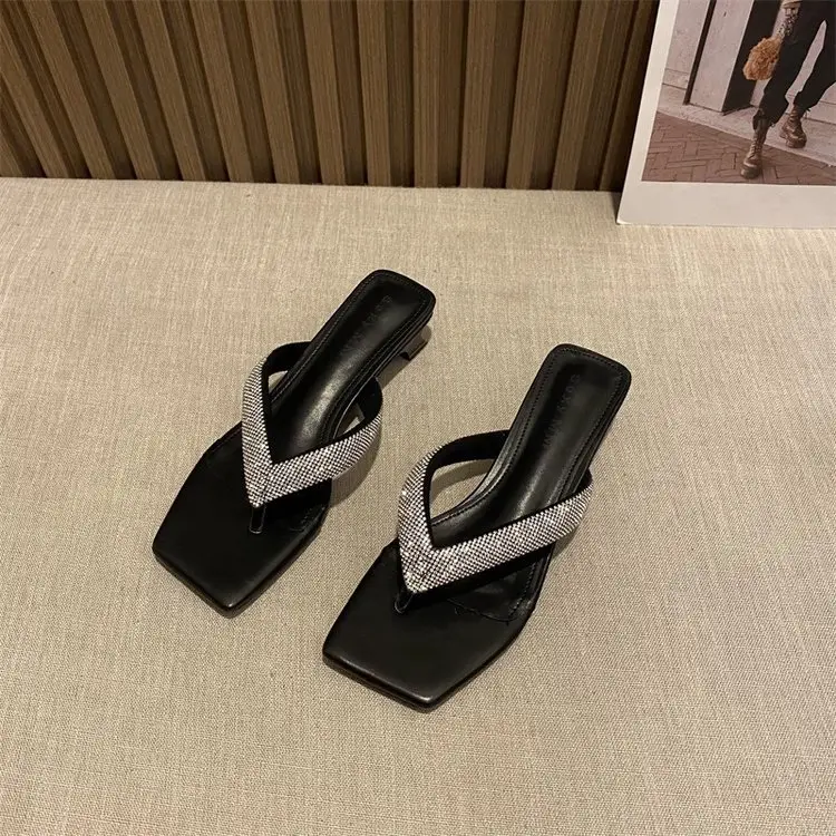 Women's Rhinestone Square Toe Slippers Black — feature 5