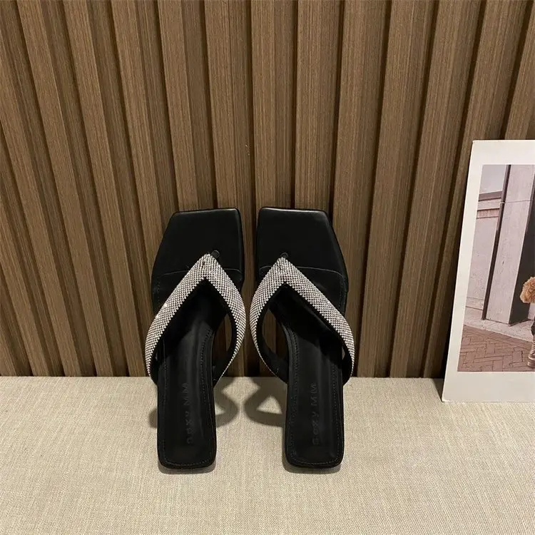 Women's Rhinestone Square Toe Slippers Black — feature 6