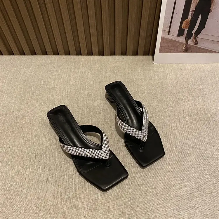 Women's Rhinestone Square Toe Slippers Black — feature 8