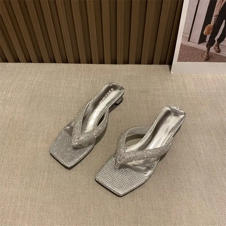 Women's Rhinestone Square Toe Slippers Black