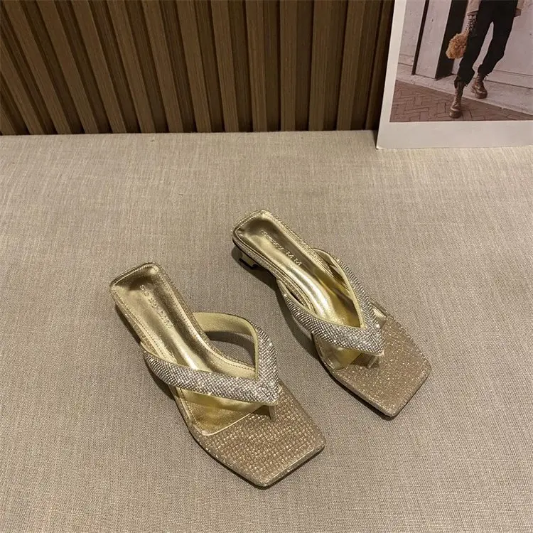 Women's Rhinestone Square Toe Slippers Black