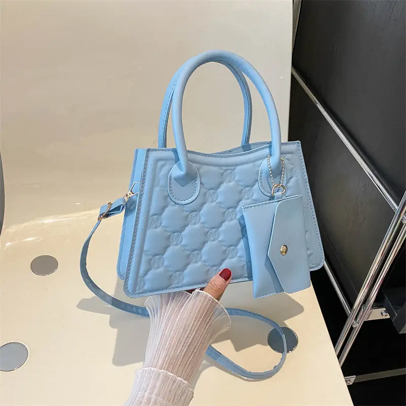 Light Blue Quilted Shoulder Bag with Crossbody Set