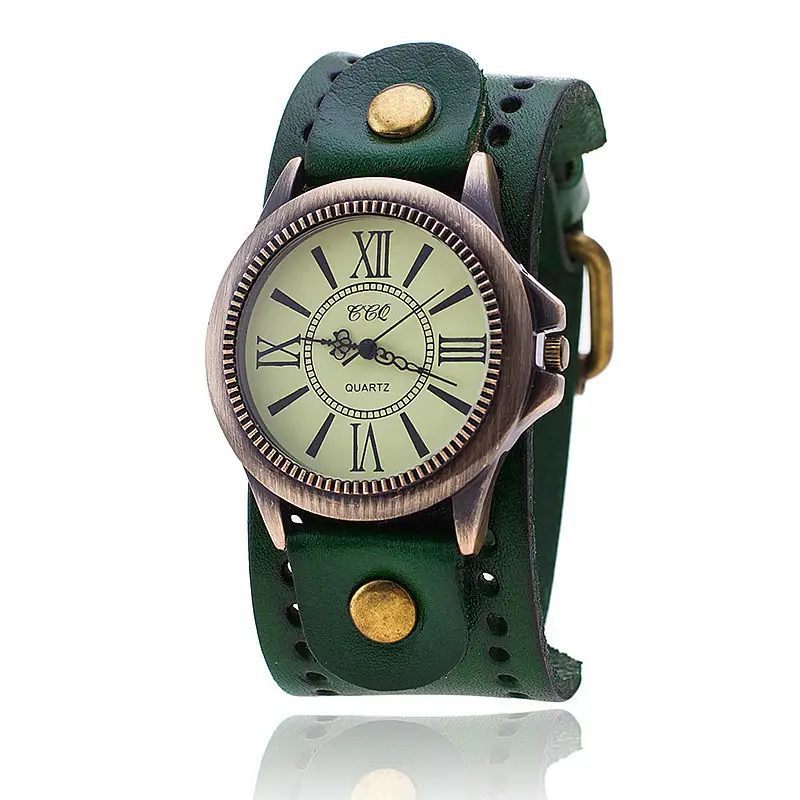 Retro Green Strap Quartz Watch with Bronze Roman Font - Image 4