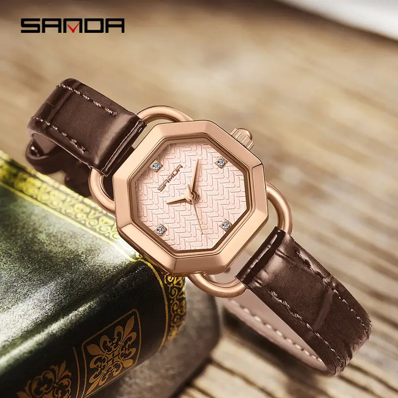 Women's Quartz Watch Brown Leather Band Rose Gold Dial