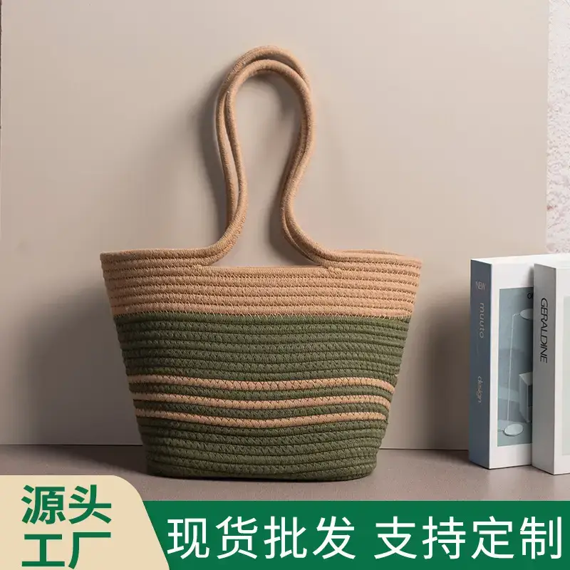 Women's Cotton Rope Tote Bag Large Capacity Beige Black - Image 9