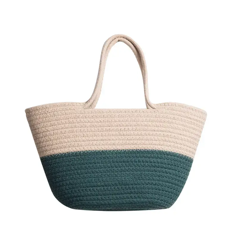 Women's Cotton Rope Tote Bag Large Capacity Beige Black - Image 10