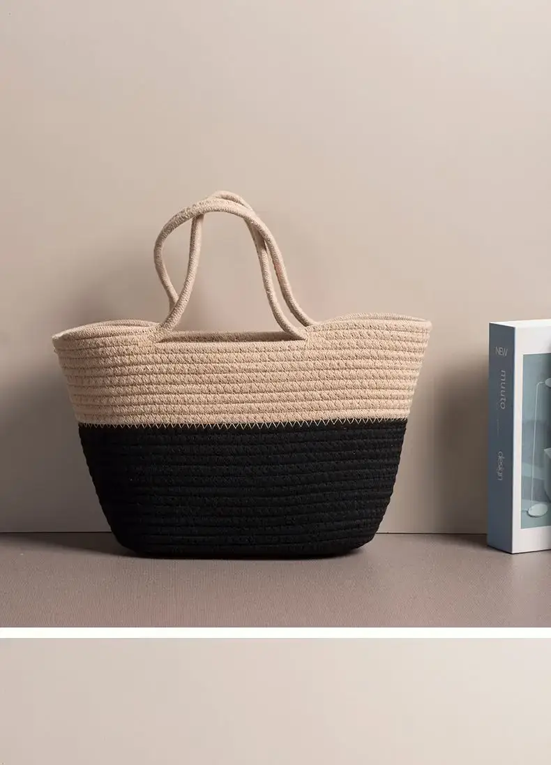 Women's Cotton Rope Tote Bag Large Capacity Beige Black — feature 17