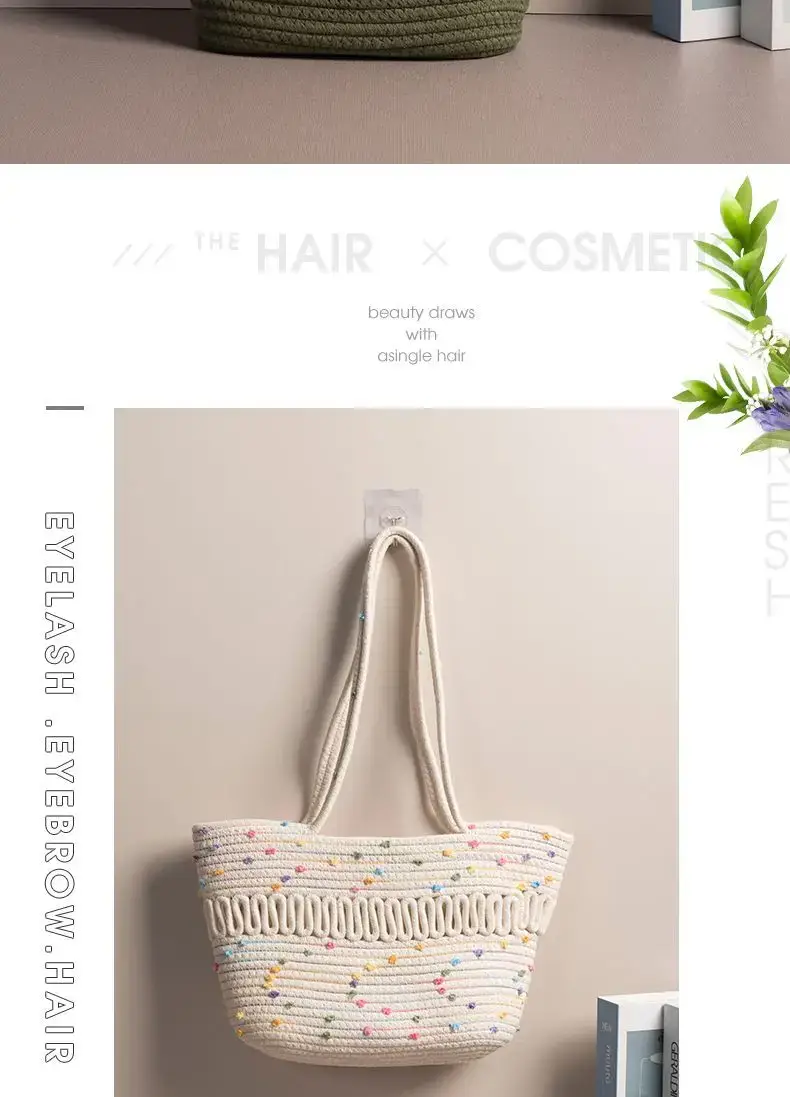 Women's Cotton Rope Tote Bag Large Capacity Beige Black — feature 9